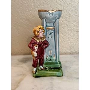 Vintage Majolica Pottery Bud Vase Maroon Boy with Dog/Cat 6"
